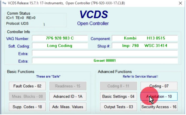 VCDS resetiranje servisa na instrument tabli sa UDS-om
